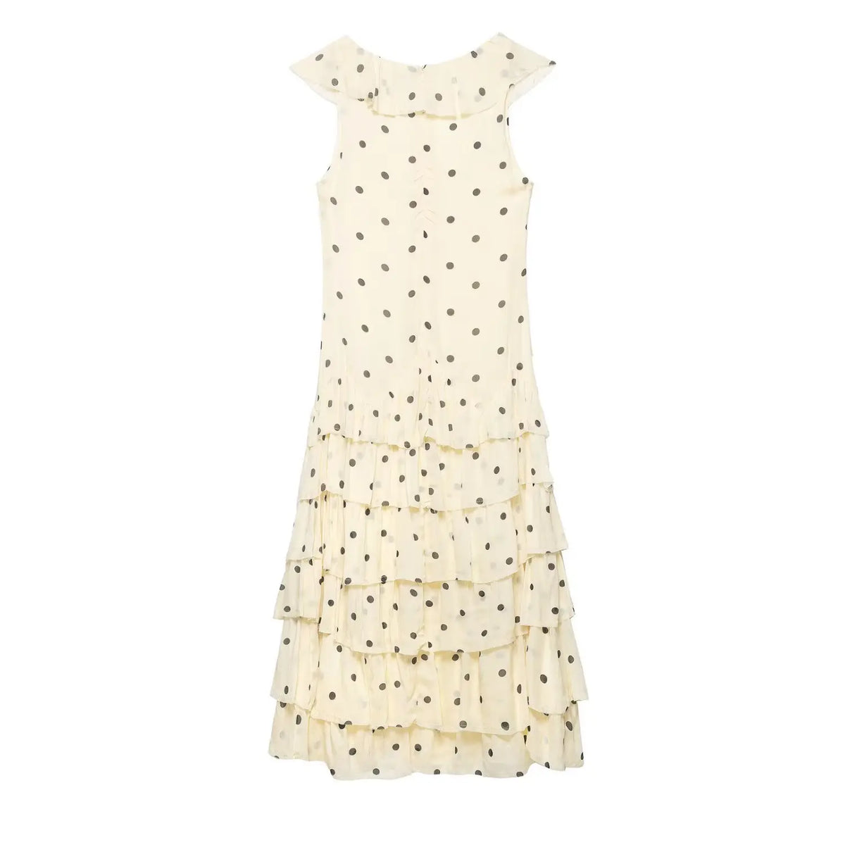 Back full view of cream polka dot tiered maxi dress