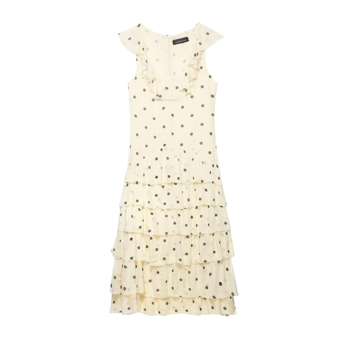 Front full view of cream polka dot ruffle tiered maxi dress