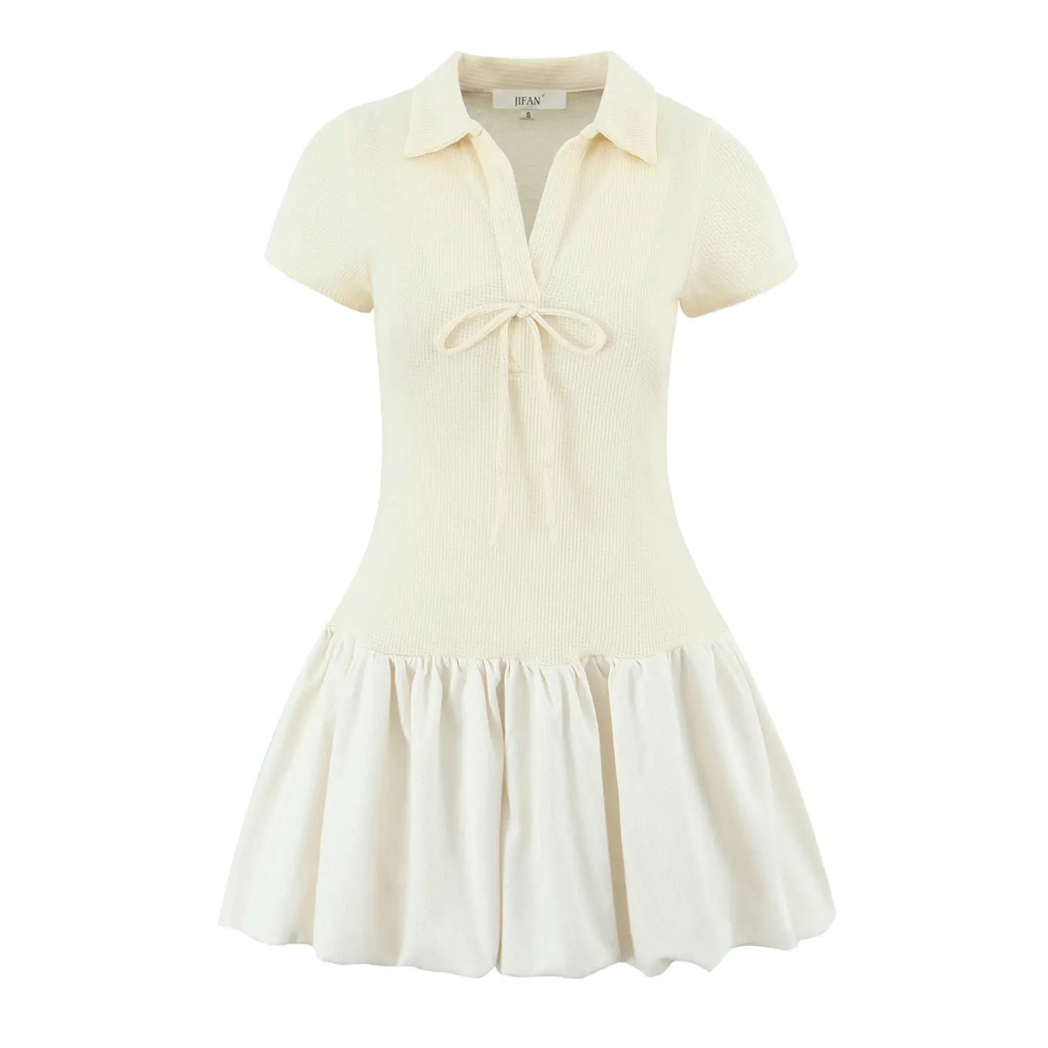 Cream waffle knit polo collar mini dress, short sleeve front tie knot bubble ruffle skirt, white background product shot