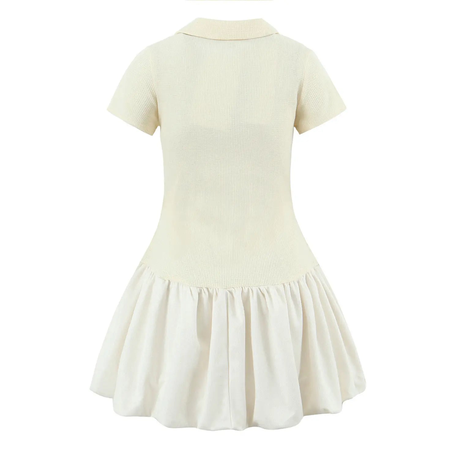 Back view of cream waffle knit polo mini dress, short sleeve bubble ruffle skirt, plain white background