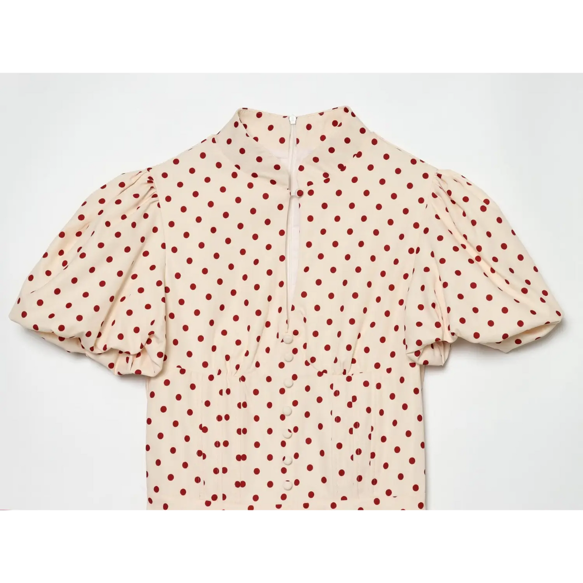 Cream red polka dot dress front partial view,stand collar,puff short sleeve,faux button bodice,back zipper