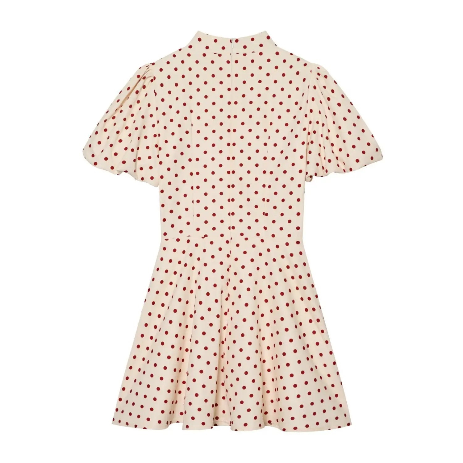 Cream red polka dot mini dress back view,concealed back zipper,puff short sleeve,short flared hem