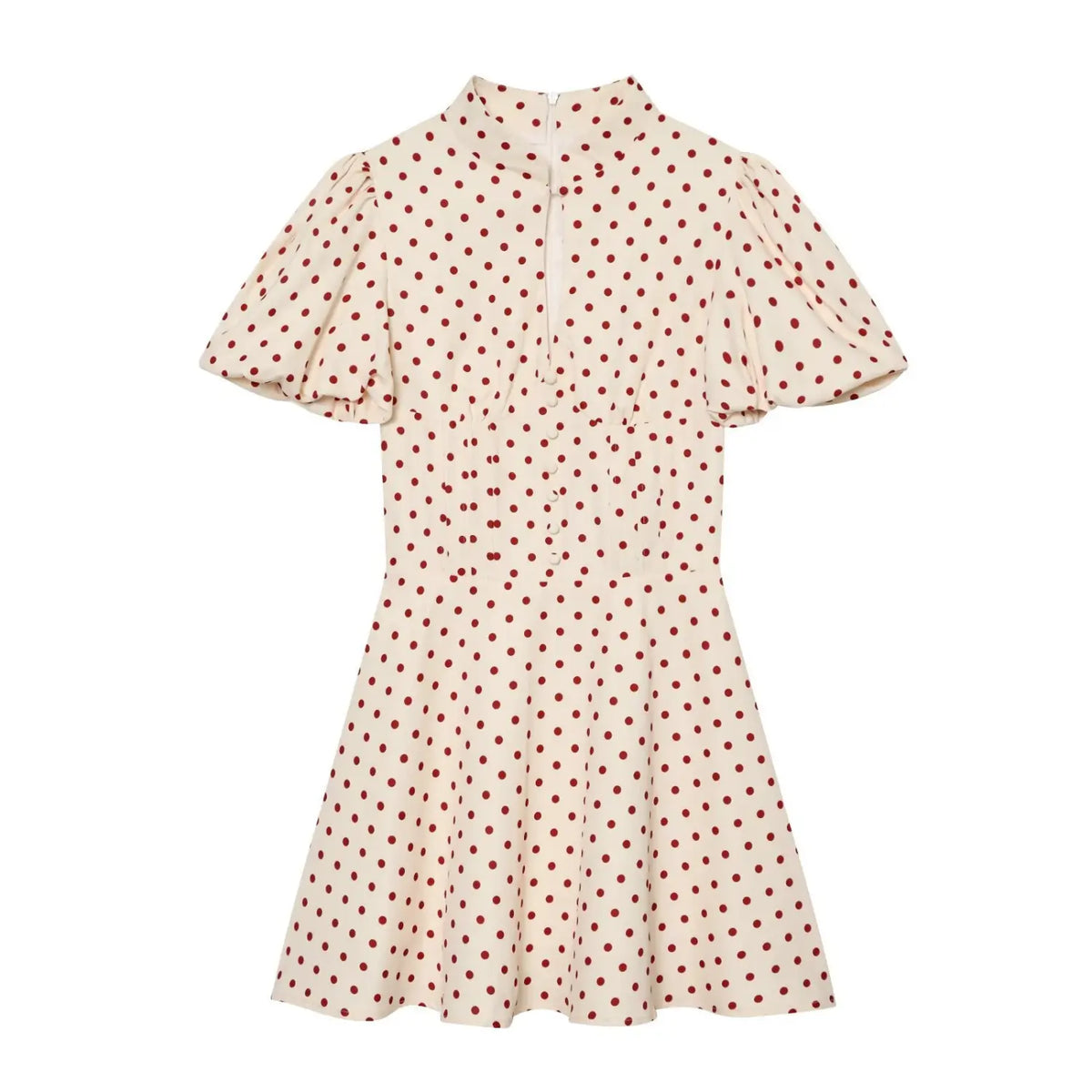 Cream red polka dot mini dress front view,puff short sleeve,stand collar,keyhole neck,faux button detail,fit‑flare a‑line silhouette