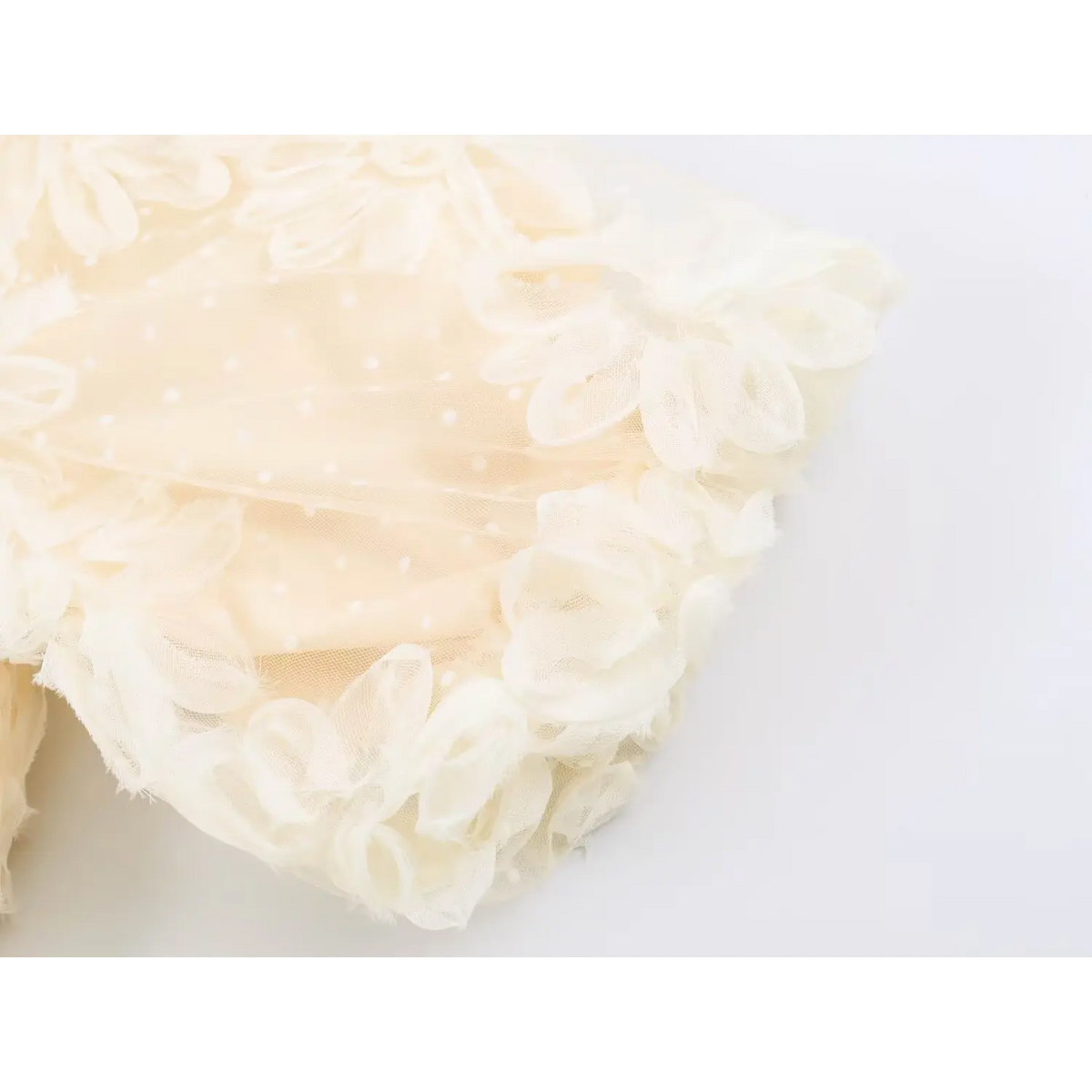 Detailed shot of short flutter sleeve ruffled floral edge