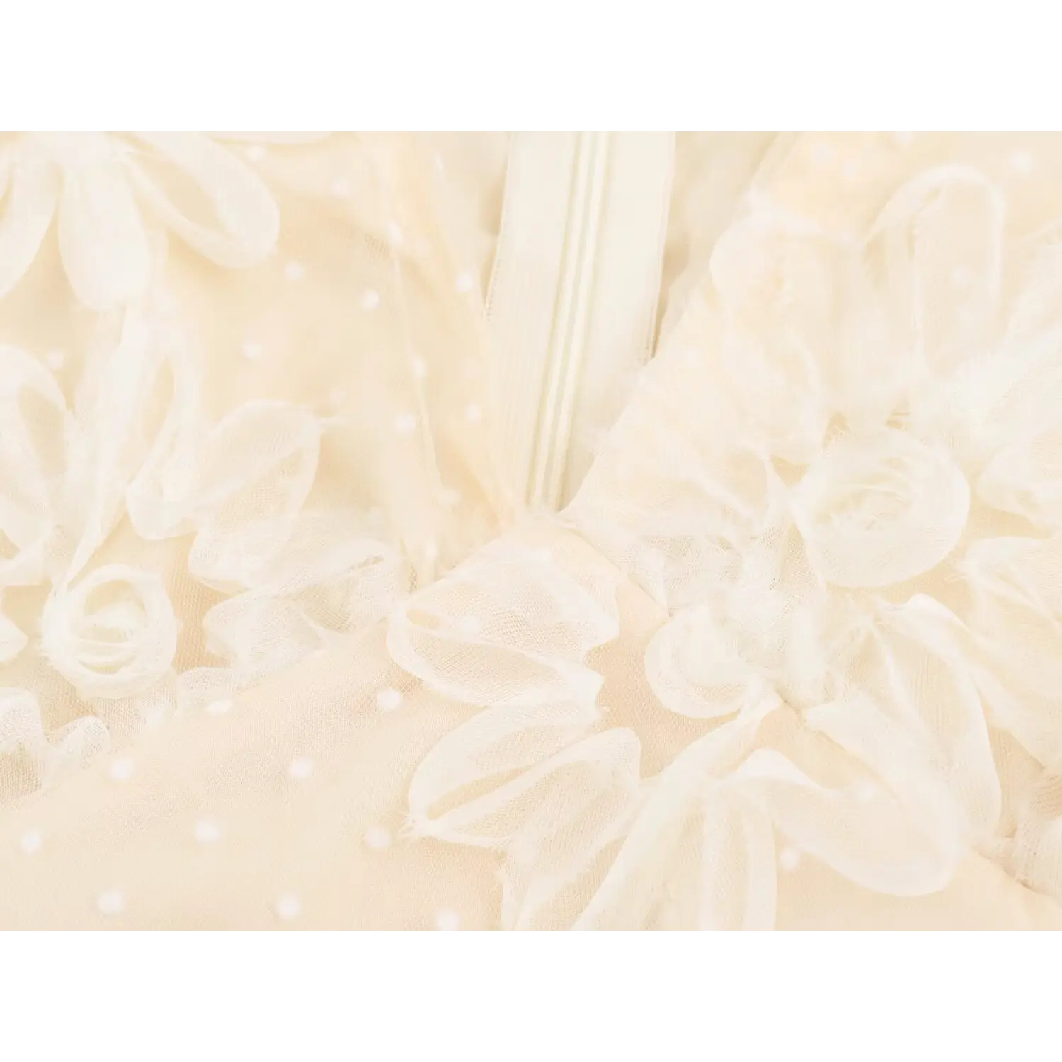 Close‑up of bust area 3d flower applique and polka dot tulle fabric