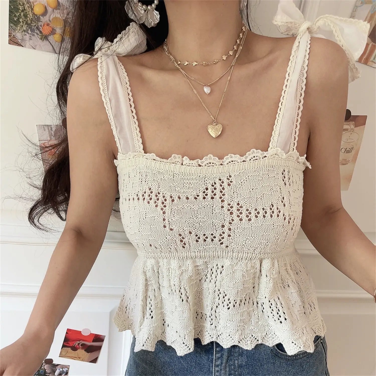 Closeup front bust panel, openwork hollow knit fabric, scalloped lace neckline trim