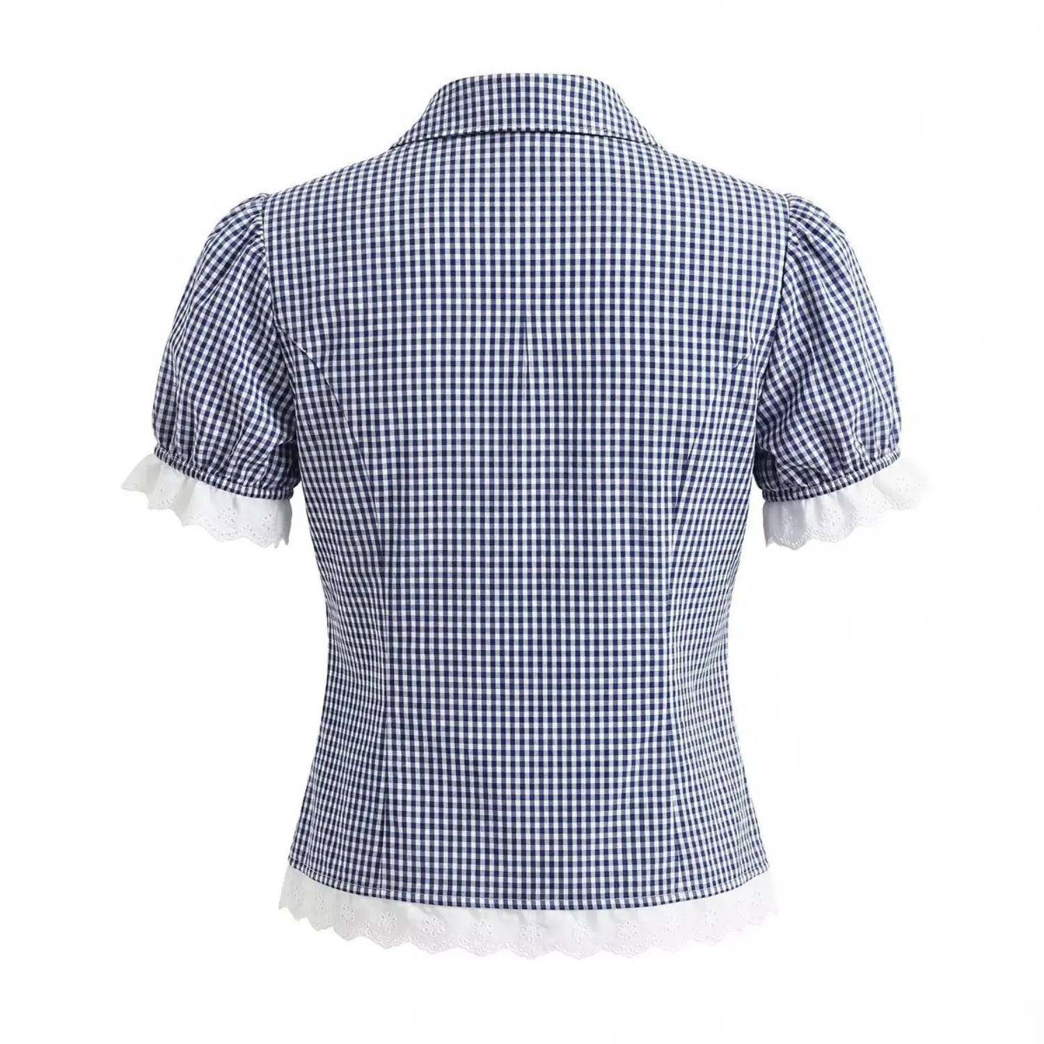 Gingham crop top full back white flat lay, simple full back panel dropped shoulder puff short sleeves full hem lace trim slim waist-cinched cropped back silhouette full display