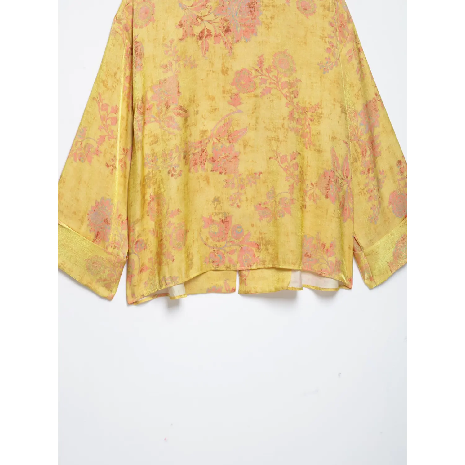 Back hem flat view, relaxed fit yellow floral frog button cropped blouse