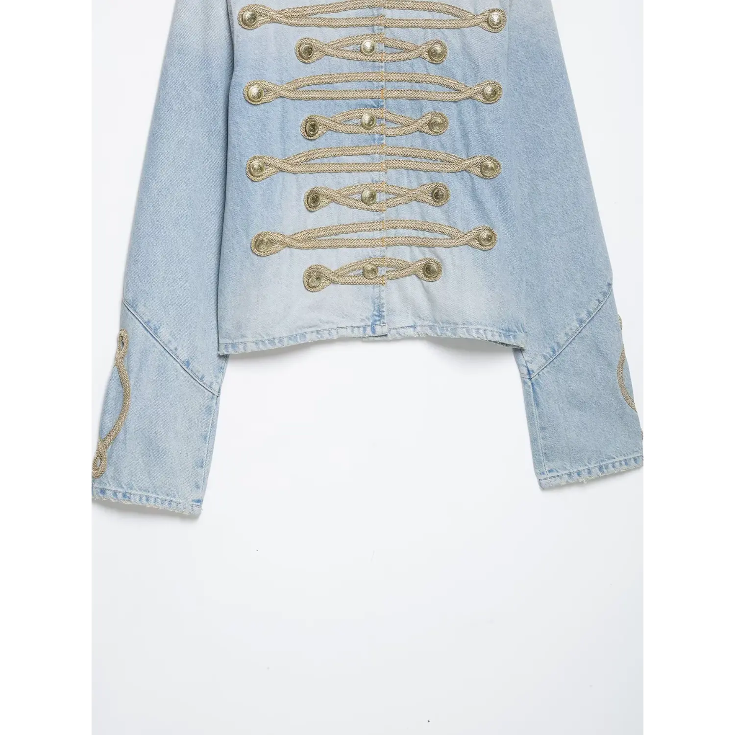 Side hem detail cropped military denim jacket with frayed raw edge hem and long flared sleeves