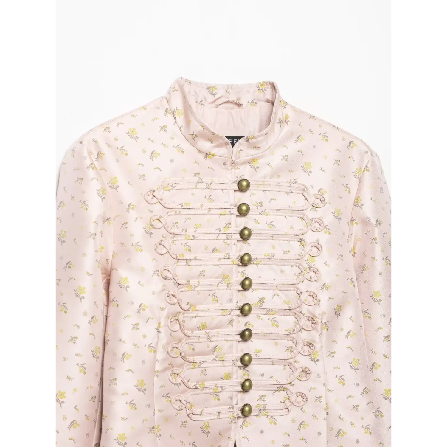 Stand collar & front placket close-up, vintage metal buttons pink floral satin short jacket