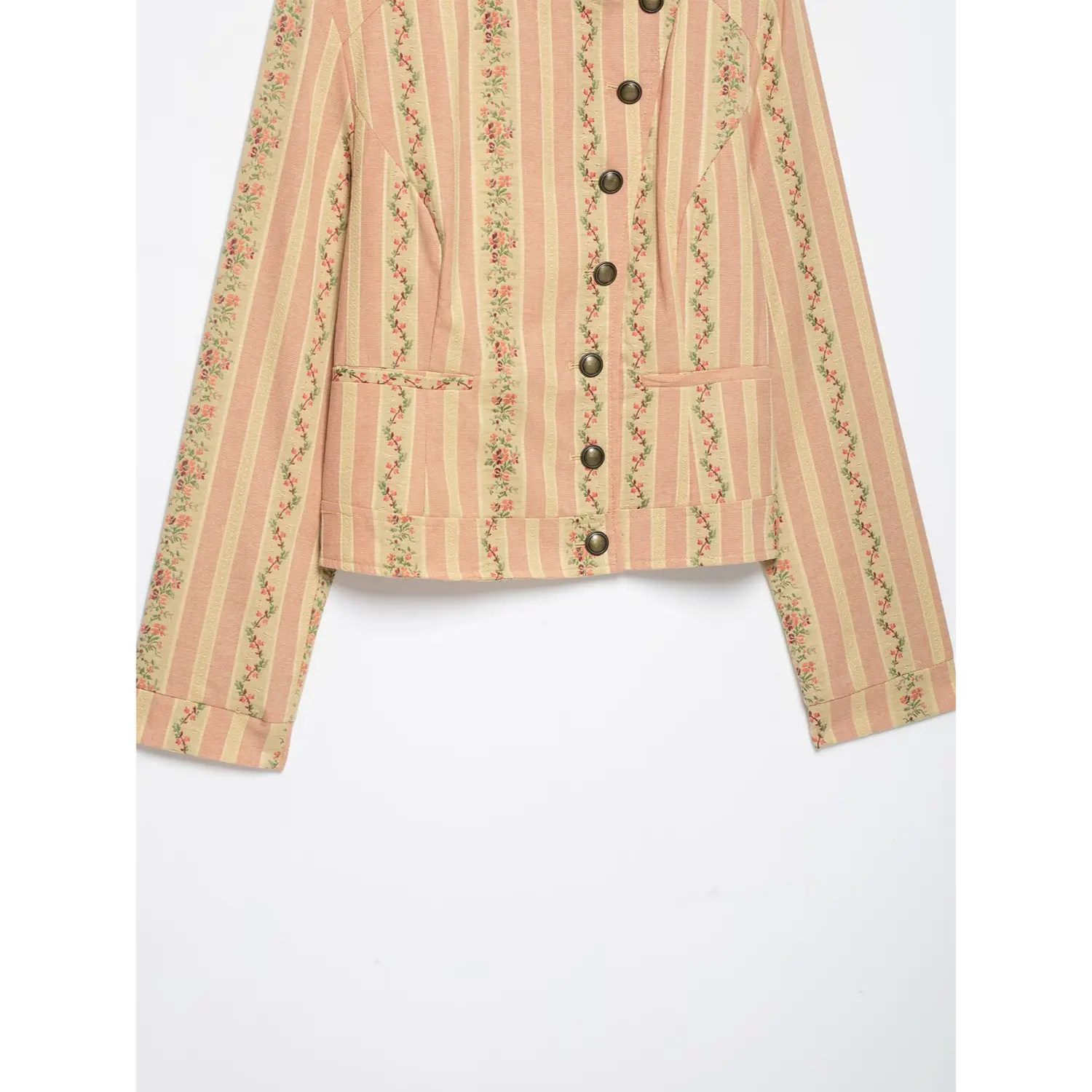 Mid shot of short vintage floral stripe jacket, front pockets, button closure and cropped hem silhouette detail