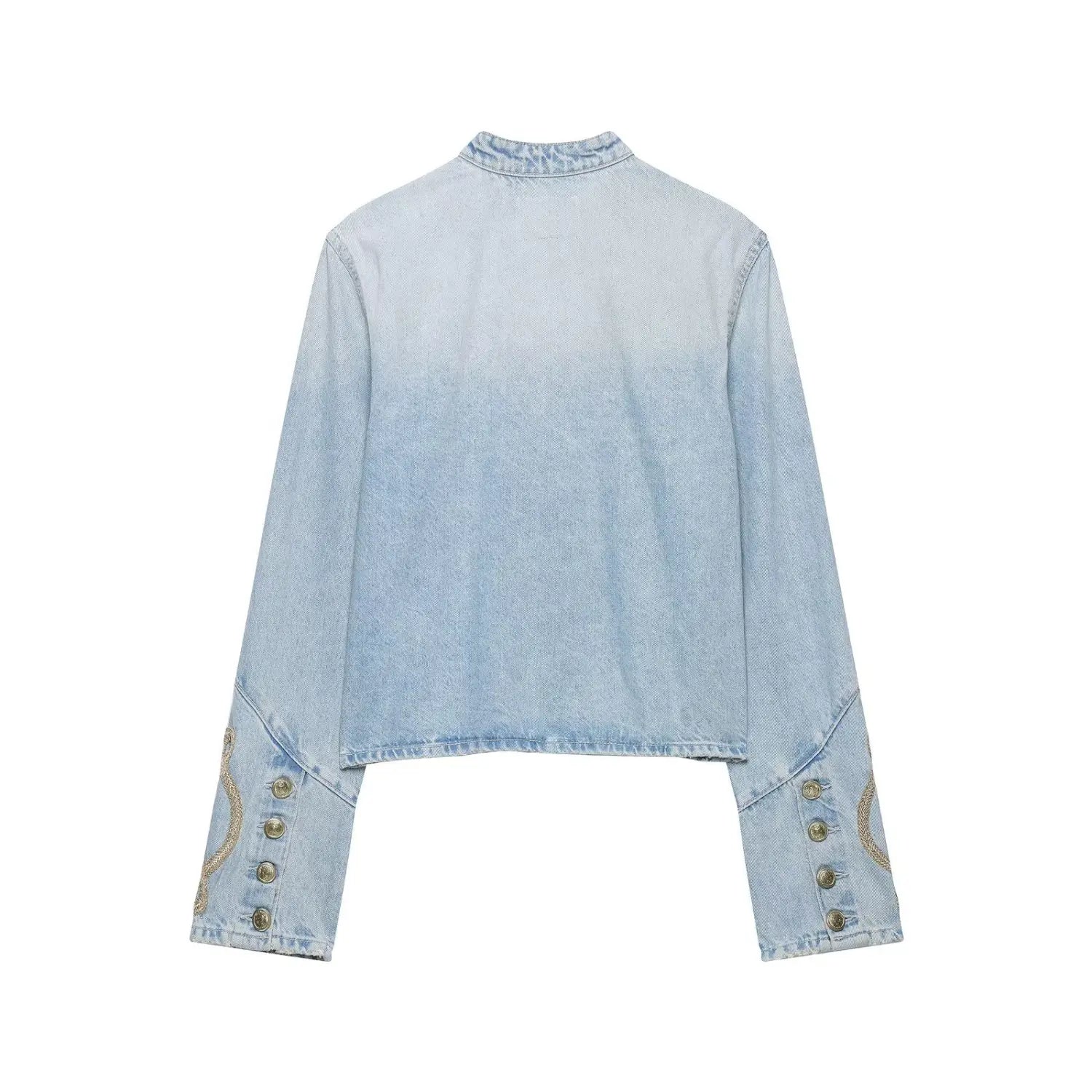 Back view faded light blue military inspired denim jacket, long sleeves and cuff metal buttons detail
