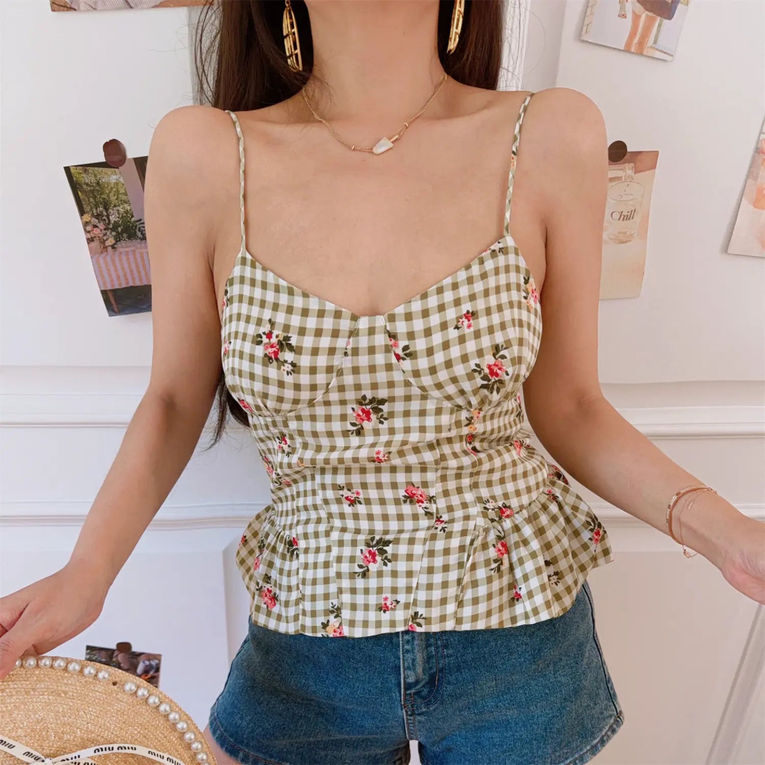 Full outfit shot women olive gingham rose print camisole tank, sweetheart bust flared peplum hem match high waisted denim shorts