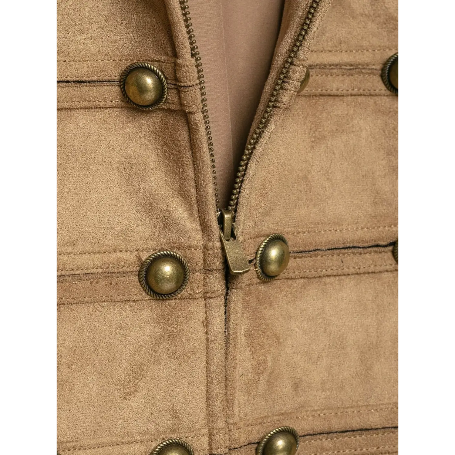Central antique metal zipper close-up, stand collar khaki military style short jacket