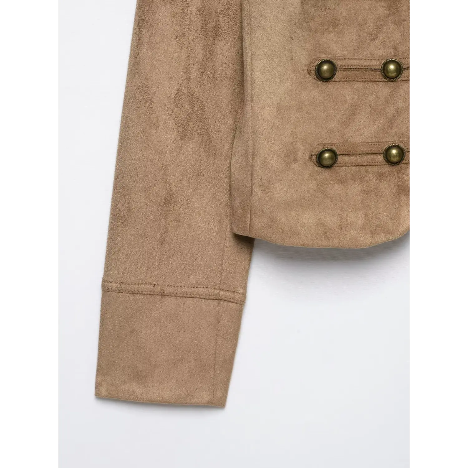 Sleeve cuff & hem close-up for khaki faux suede military short jacket with stitching detail