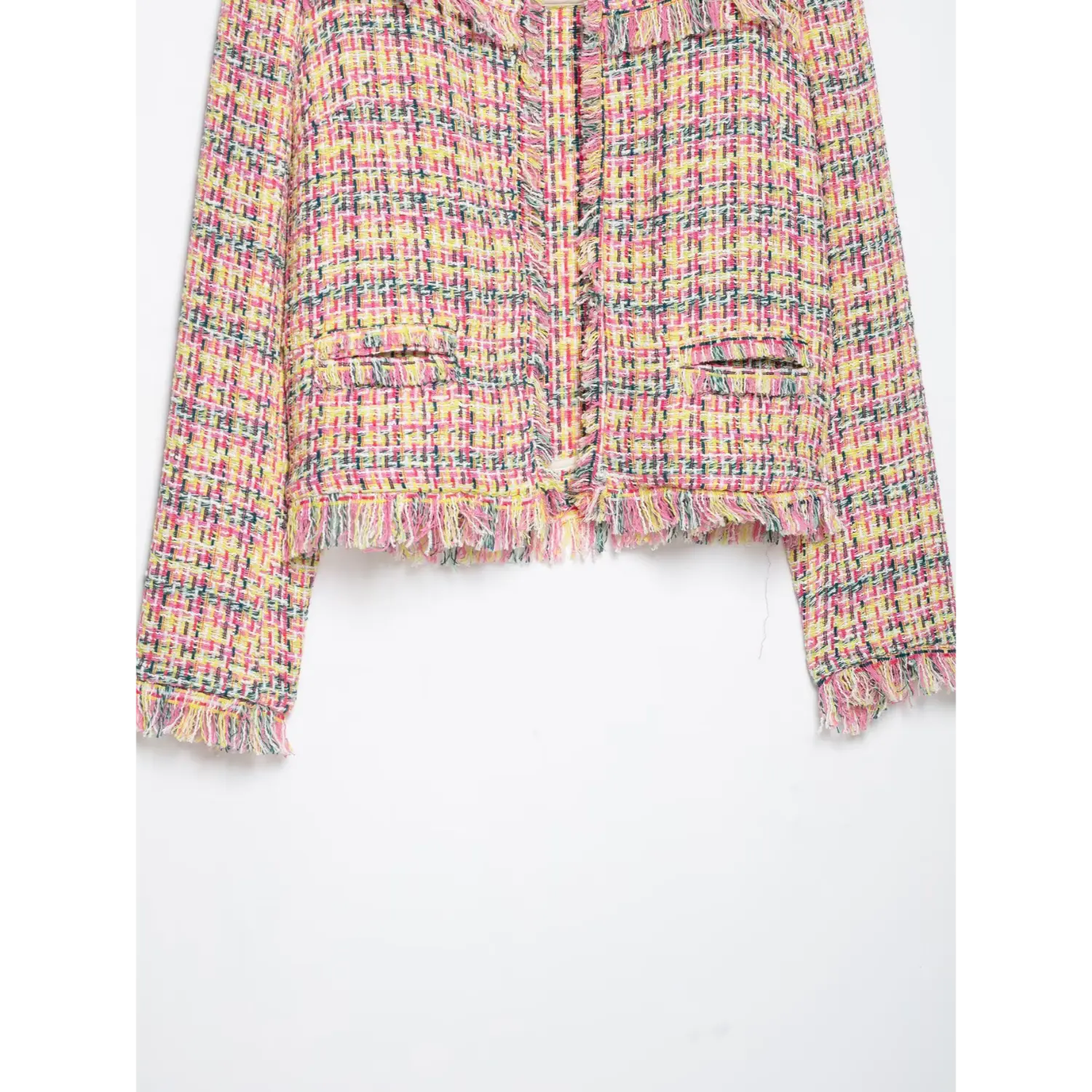Lower front view frayed hem and pocket design multicolor tweed short jacket