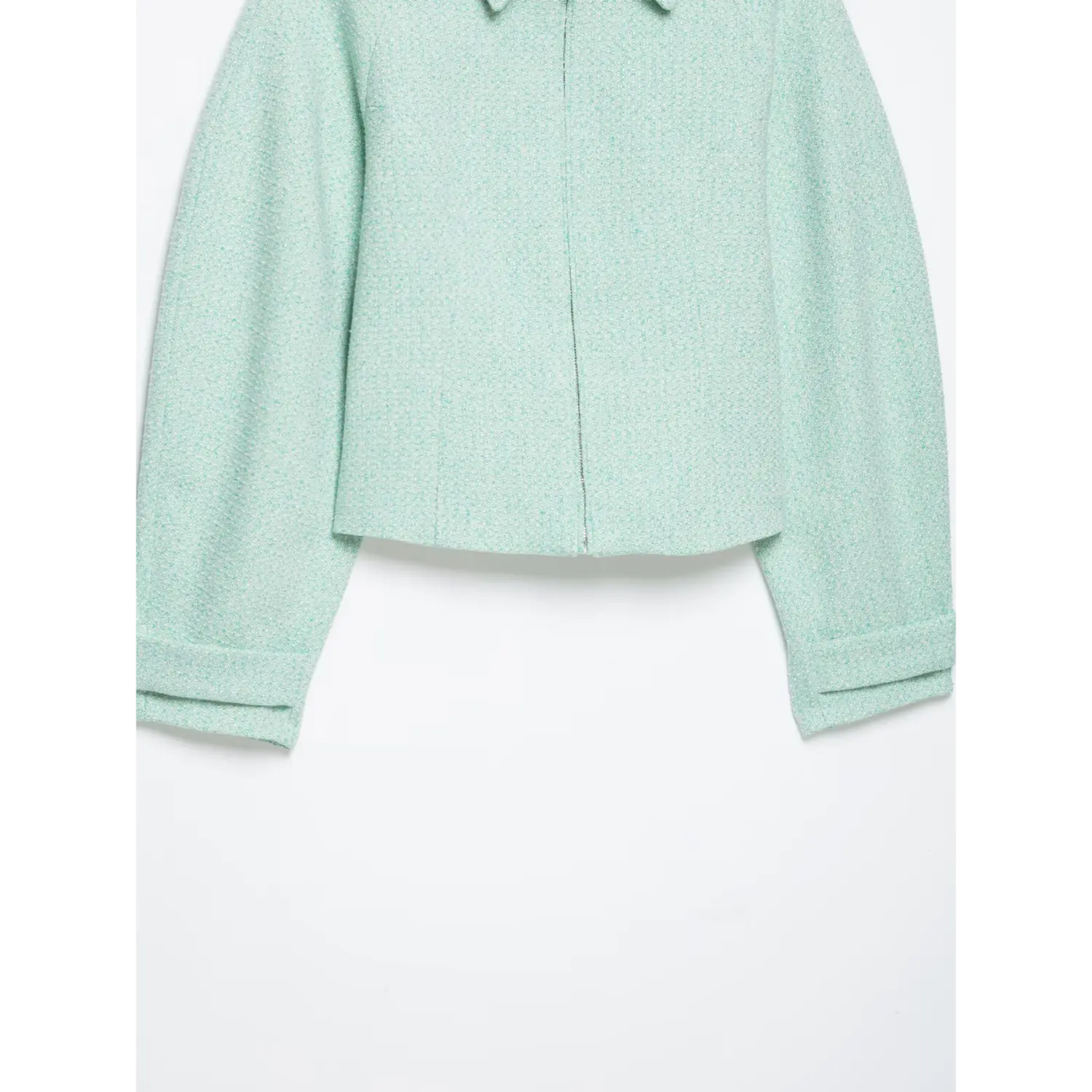Flat lay full view mint textured woven cropped jacket, pointed collar, zip front, turn-up cuffs
