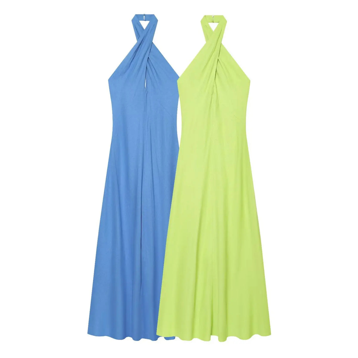 Blue and lime green cross halter twist A line maxi dress two colors flat lay