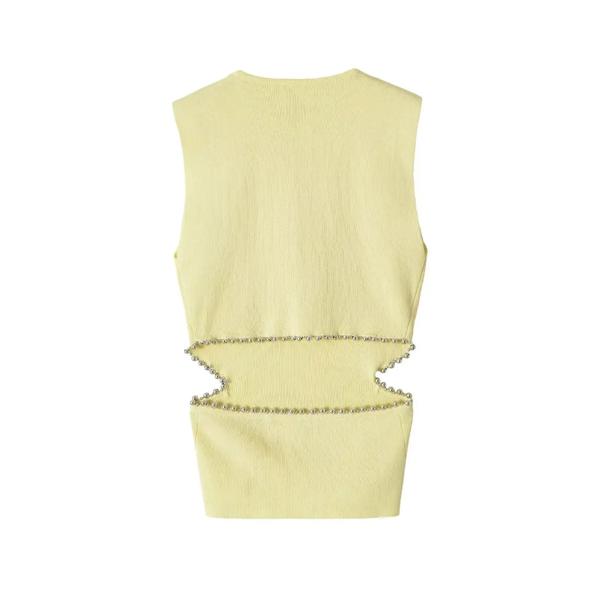Full back view dual waist cutout silver bead trim yellow knit tank top