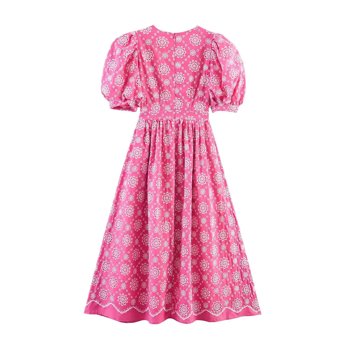 Daisy eyelet embroidery puff sleeve midi dress, back flat lay