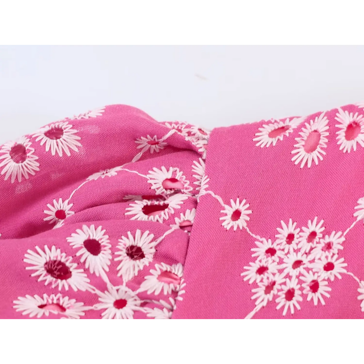 Close-up of white daisy eyelet embroidery