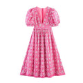 Daisy eyelet embroidery puff sleeve midi dress, front flat lay