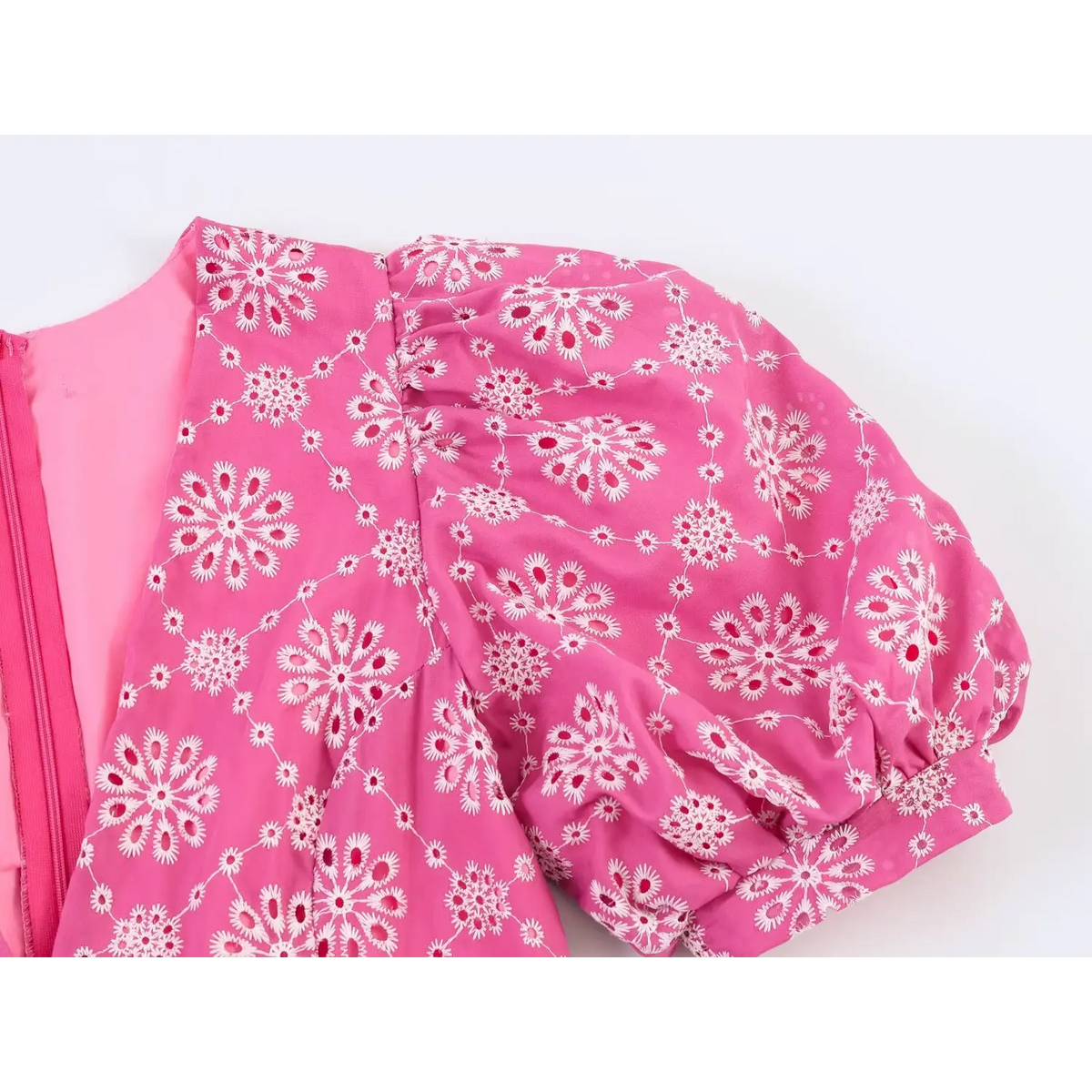 Close-up of puff sleeve and shoulder gathering