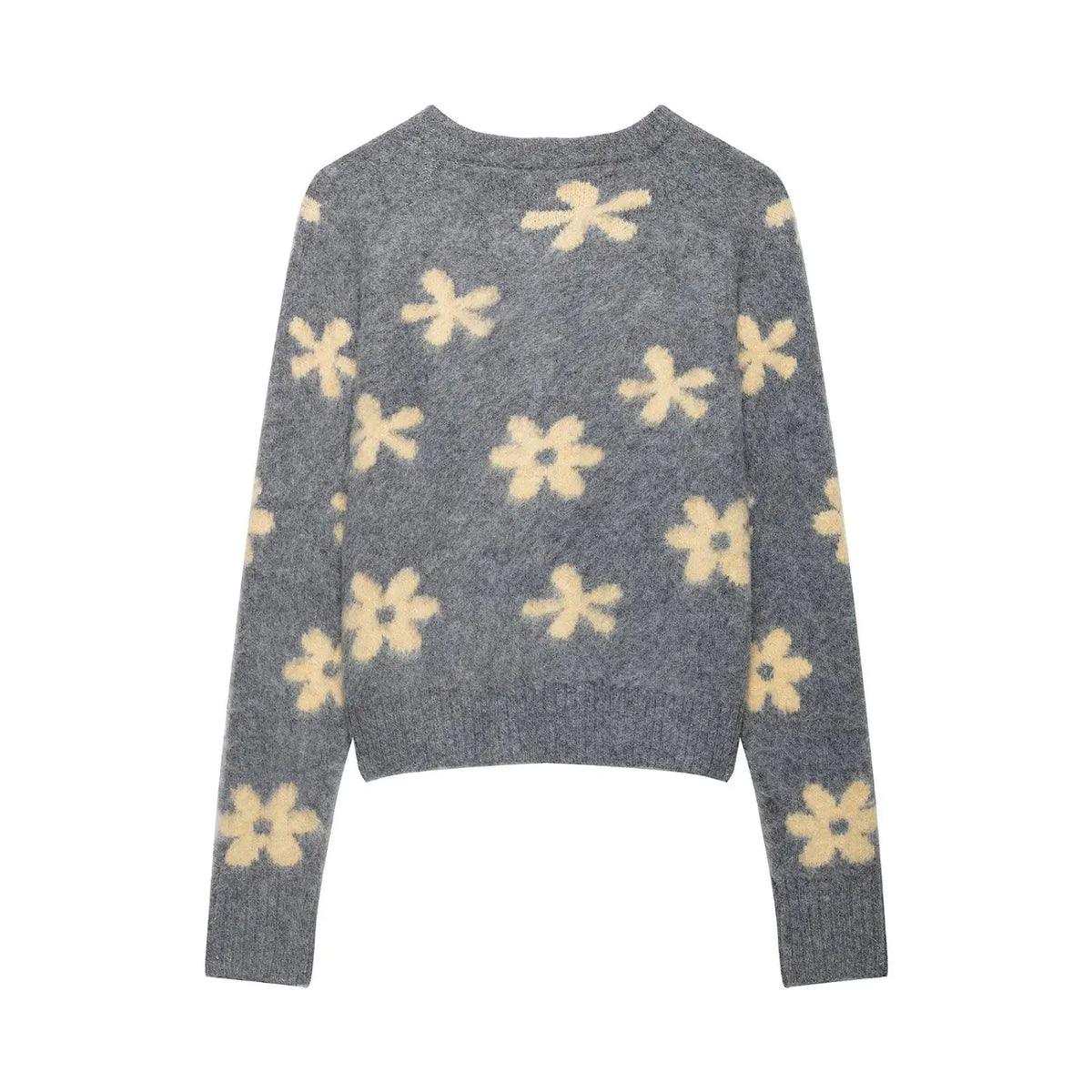 Grey daisy floral brushed knit cardigan, back flat lay