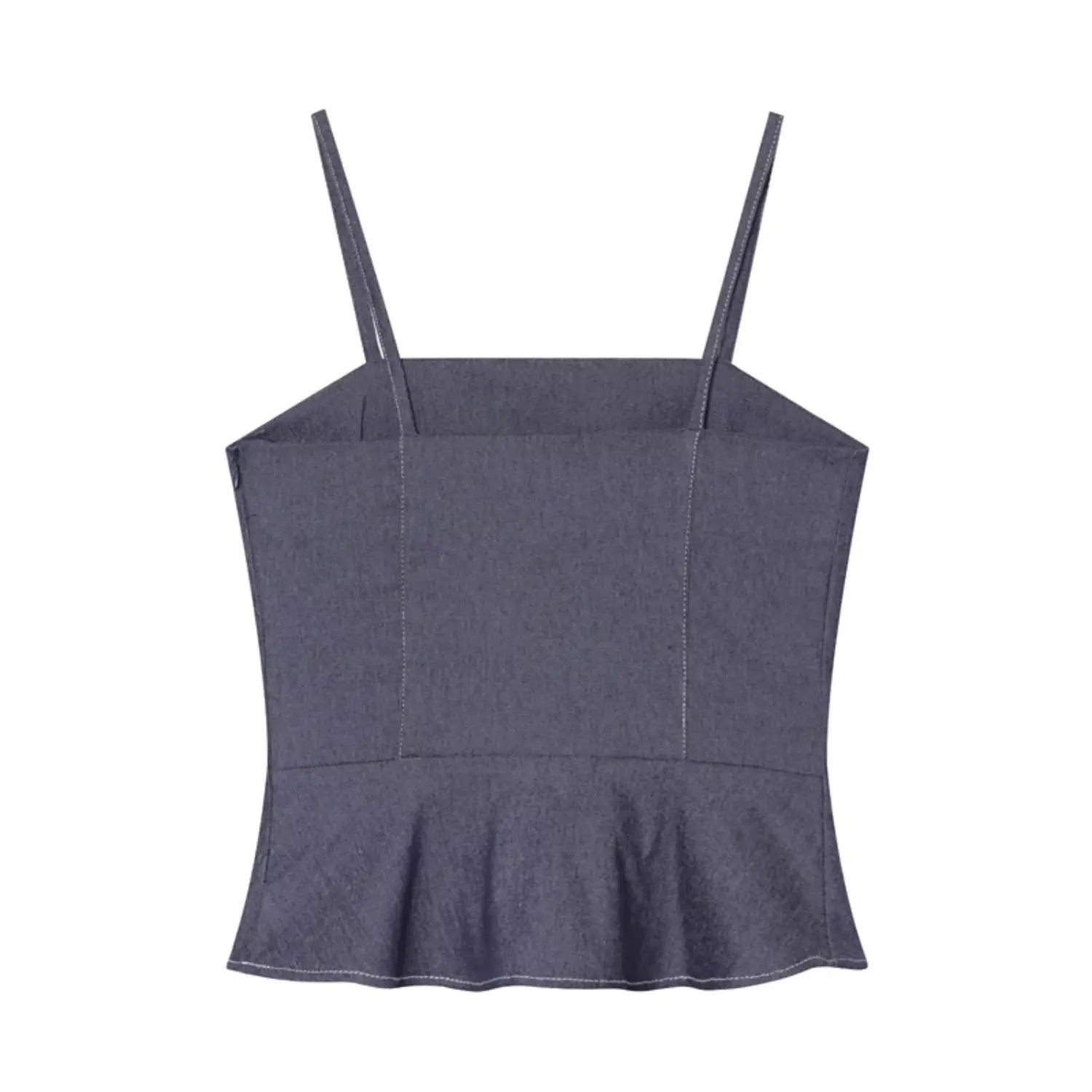 Full back flat view denim cami, plain seamless back panel, matching thin shoulder straps, structured peplum ruffle hem, clean side seam tailoring