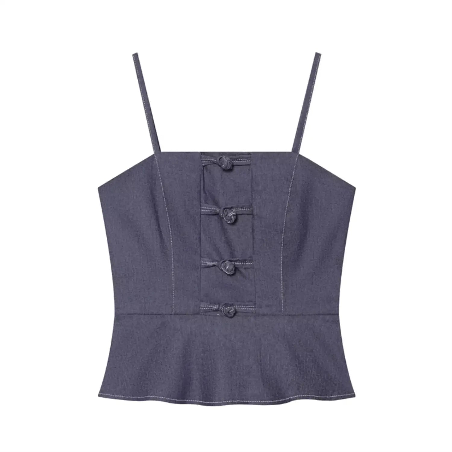 Full front flat lay dark denim camisole, thin spaghetti straps, square neck, vertical placket with four chinese frog knot buttons, fitted waist flared peplum hem, contrast white topstitching