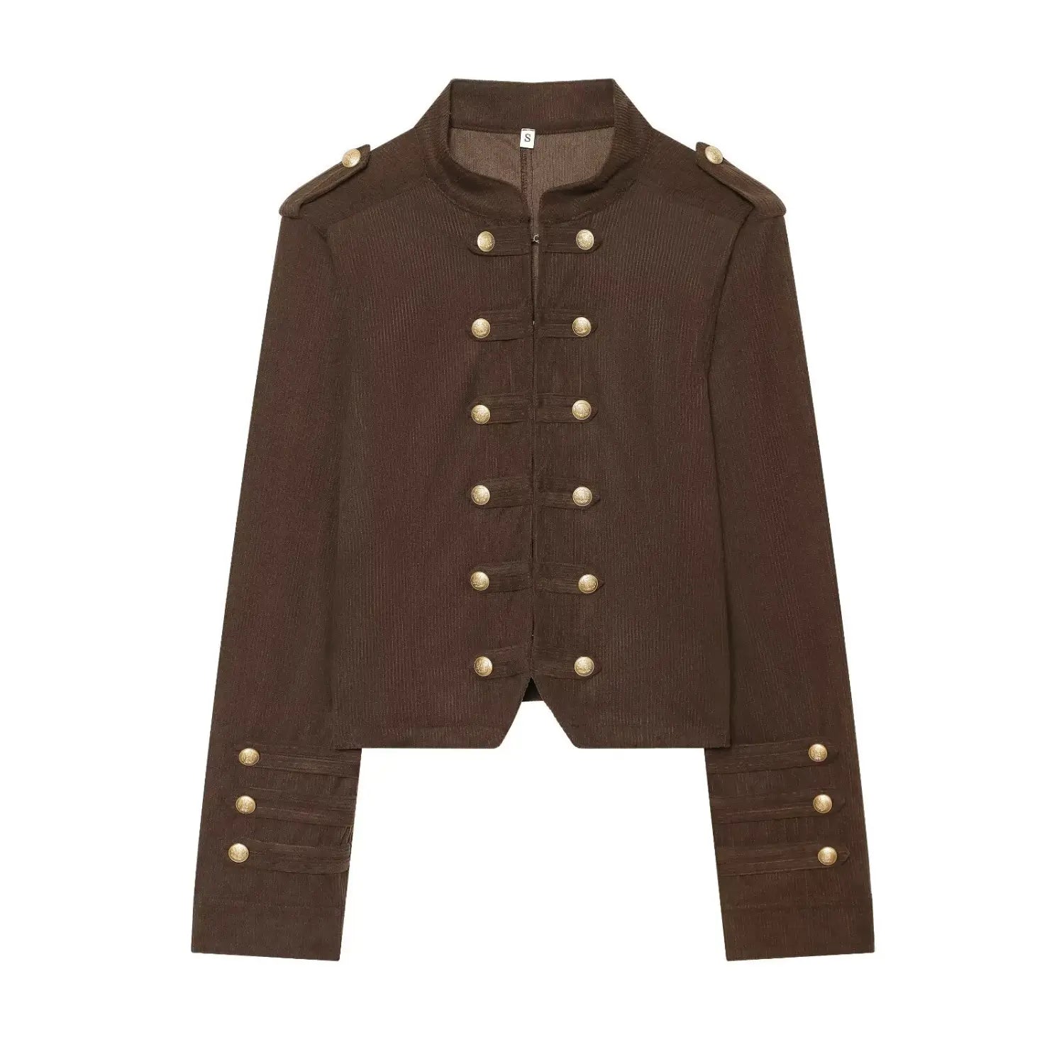 Dark brown corduroy cropped military jacket with double row gold buttons front view