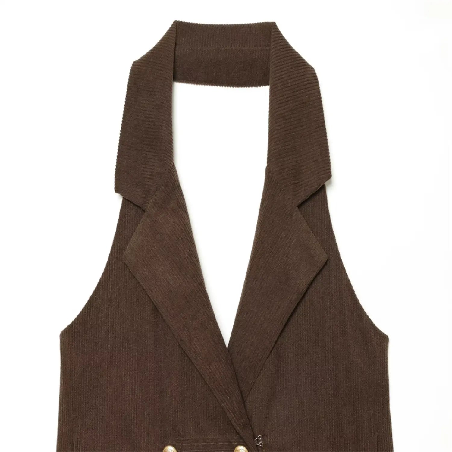Close-up of lapel collar on dark brown halter corduroy waistcoat