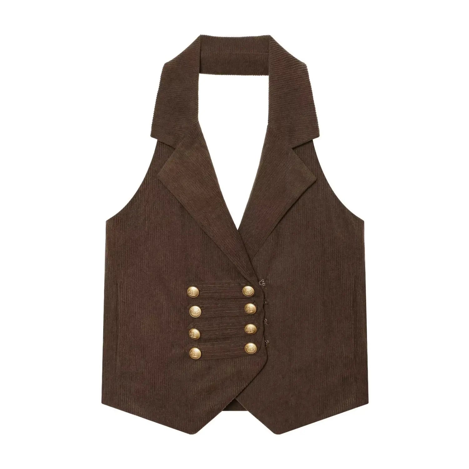 Dark brown corduroy halter waistcoat with double breasted gold buttons front view