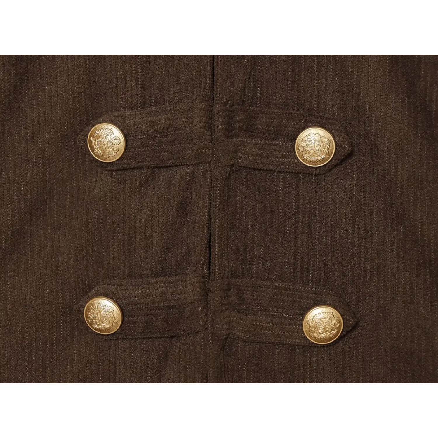 Embossed gold decorative buttons closeup dark brown military cropped jacket