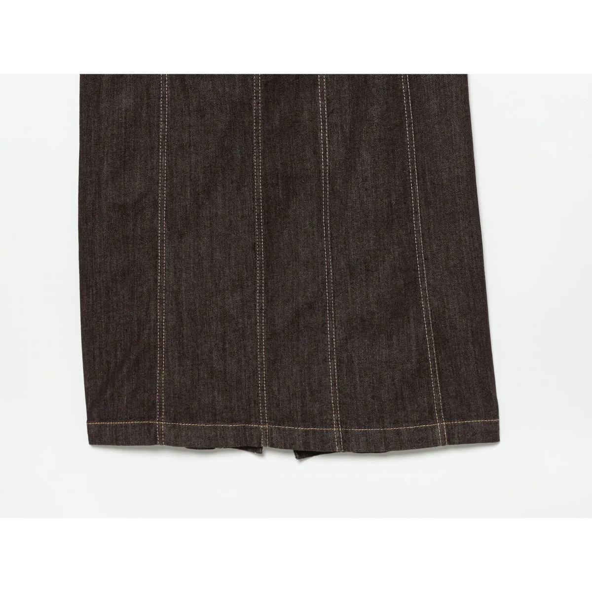 Flat lay skirt section, vertical seam stitching and back slit of dark brown denim maxi dress