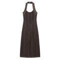 Front view dark brown denim halter maxi dress, contrast stitching, sleeveless halter neck design