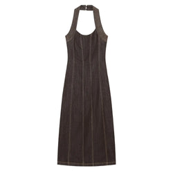 Front view dark brown denim halter maxi dress, contrast stitching, sleeveless halter neck design