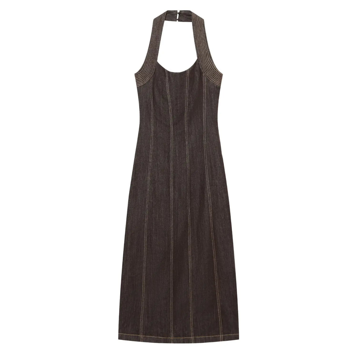 Front view dark brown denim halter maxi dress, contrast stitching, sleeveless halter neck design