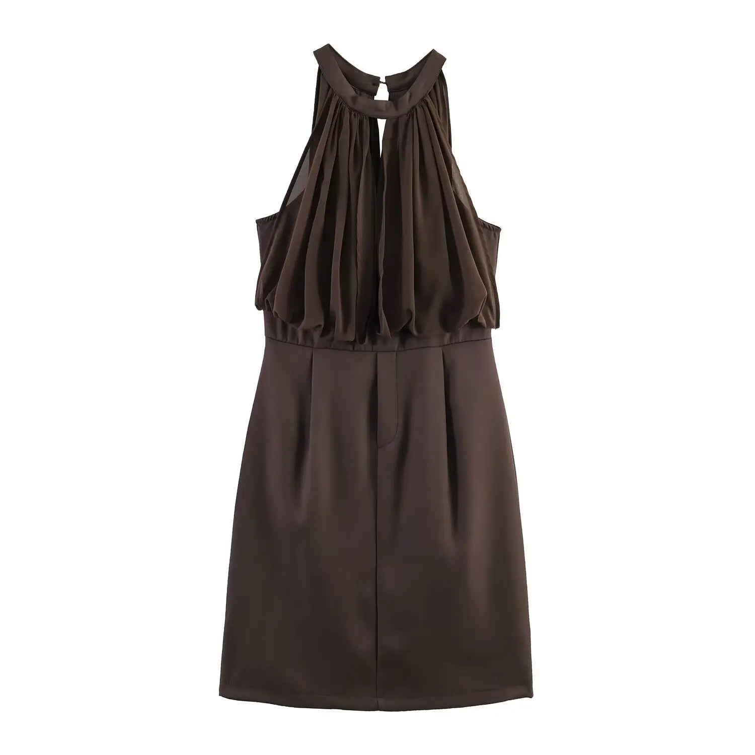 Complete front flat lay product image, sleeveless stand halter neck, loose bubble chiffon overlay creating faux two-piece look, fitted darted straight mini skirt, solid dark brown all-matte tone