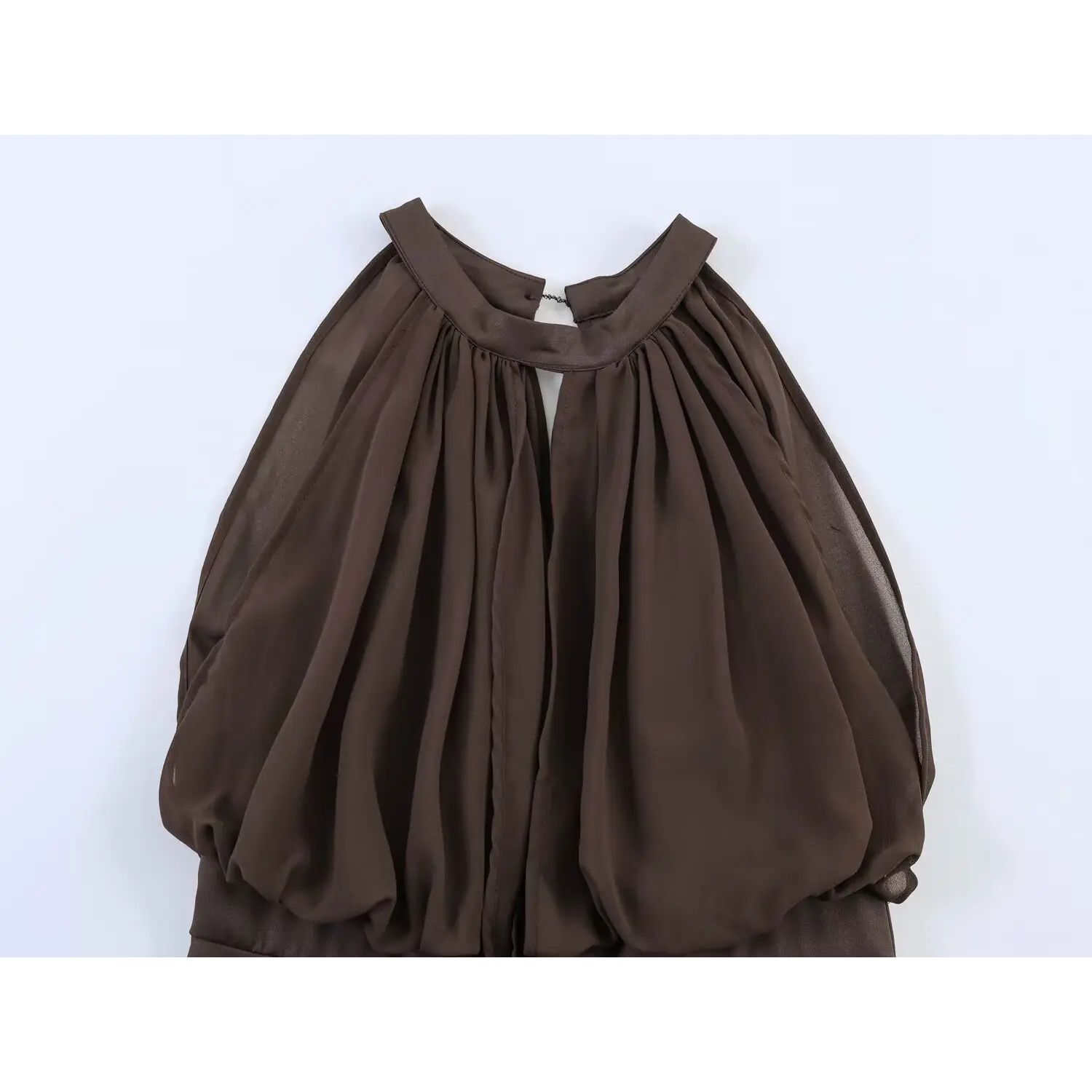 Full upper back flat view, stand halter collar with keyhole back cutout, full gathered shirring on sheer chiffon overlay, sleeveless armhole cut, two-layer faux separate top+skirt design