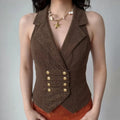 Women wearing dark brown halter corduroy waistcoat vintage outfit
