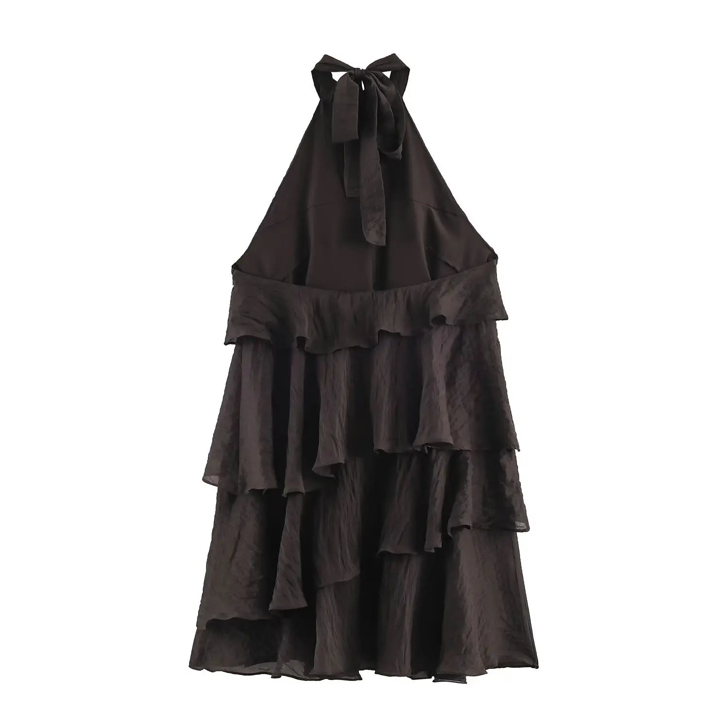 Complete back flat shot of dark brown halter tier ruffle mini dress, self fabric tie bow closure at back neck, inner lining detail