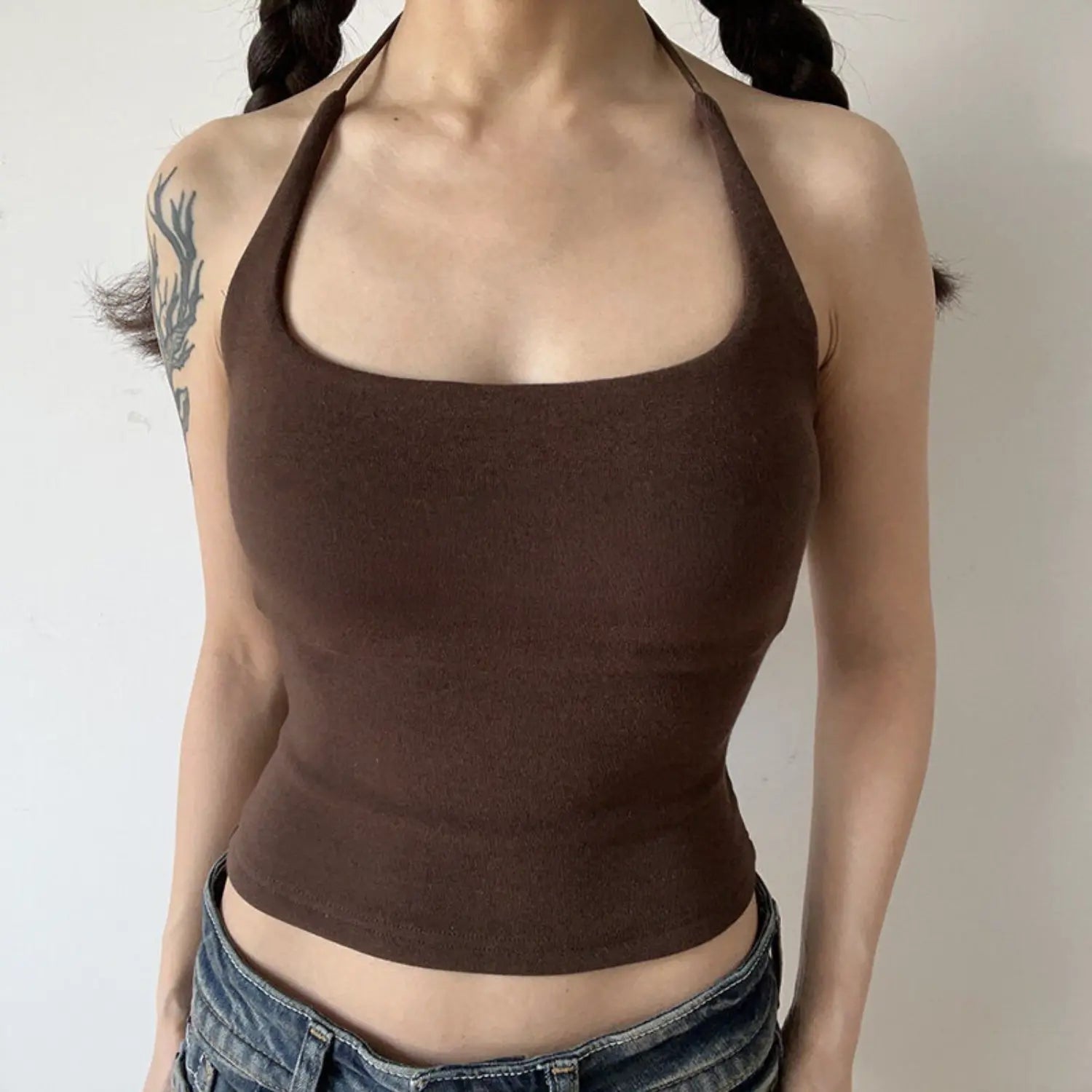 Dark brown square halter knit cami half body shot, retro earth tone stretch knit cropped waist crop american vintage basic cami shot