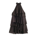 Studio white background full front shot of dark brown halter neck tiered ruffle mini dress, crinkled textured fabric, sleeveless waterfall layered skirt