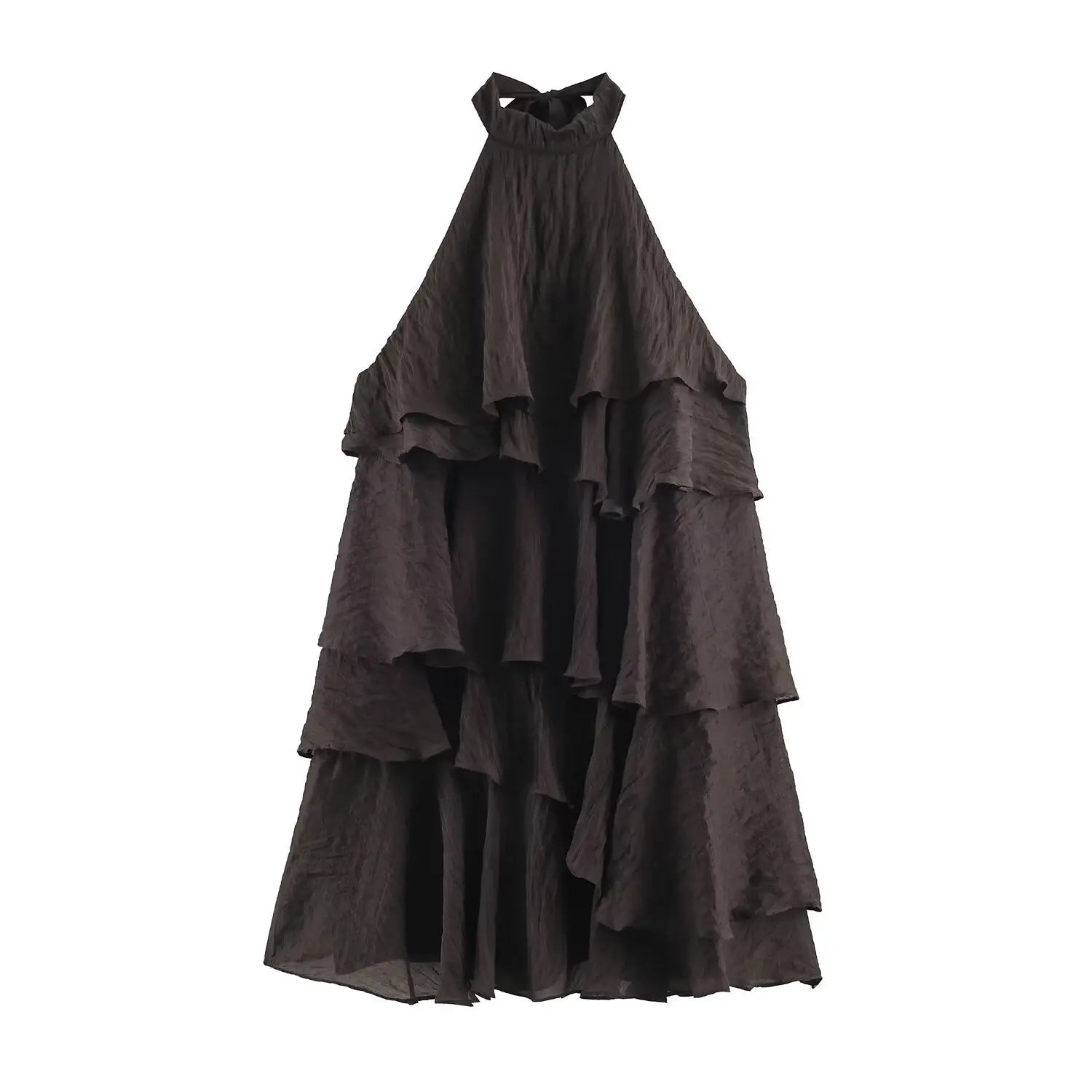 Studio white background full front shot of dark brown halter neck tiered ruffle mini dress, crinkled textured fabric, sleeveless waterfall layered skirt