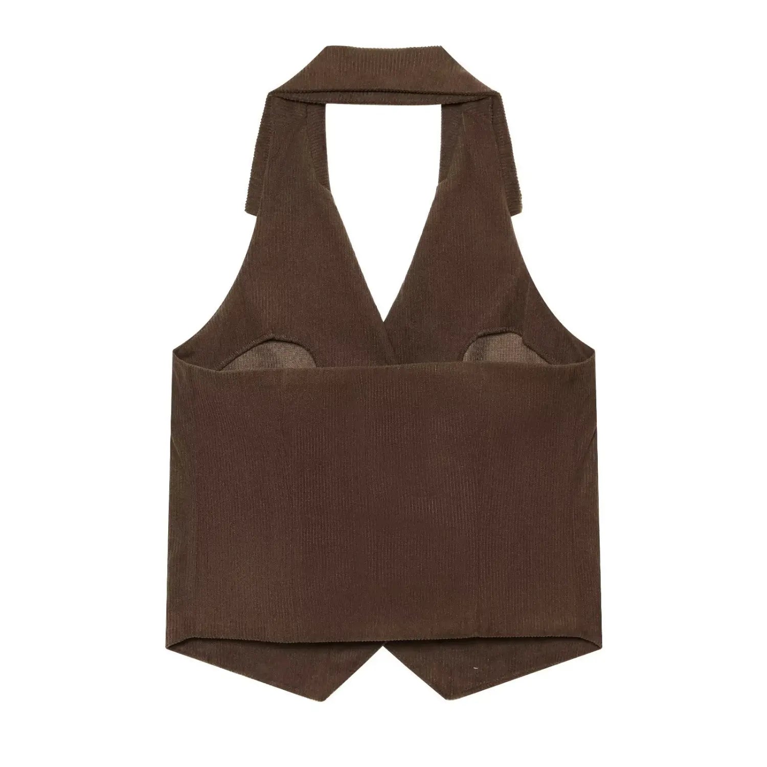 Back view dark brown sleeveless halter corduroy waistcoat