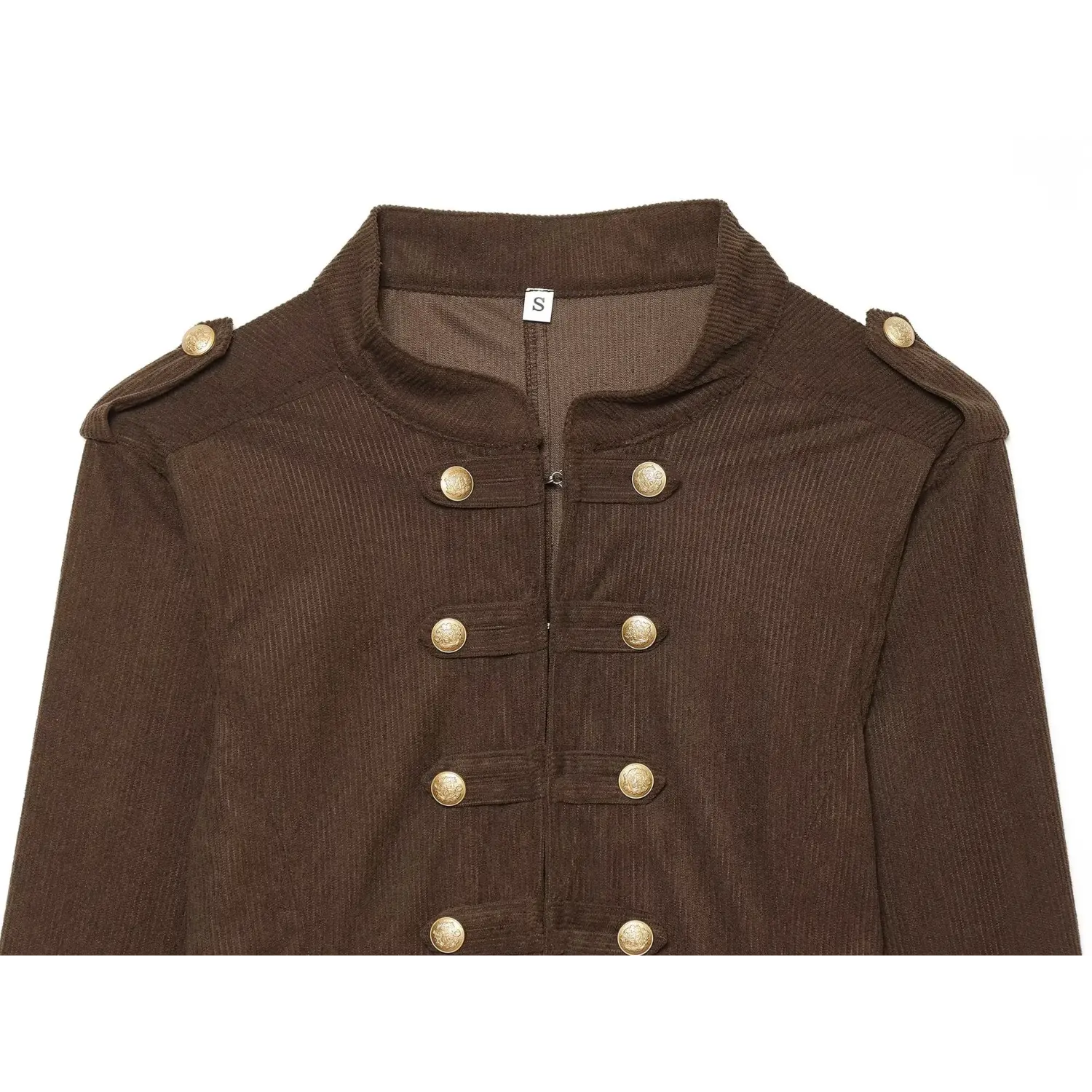 Close-up stand collar and double breast gold buttons dark brown corduroy military jacket