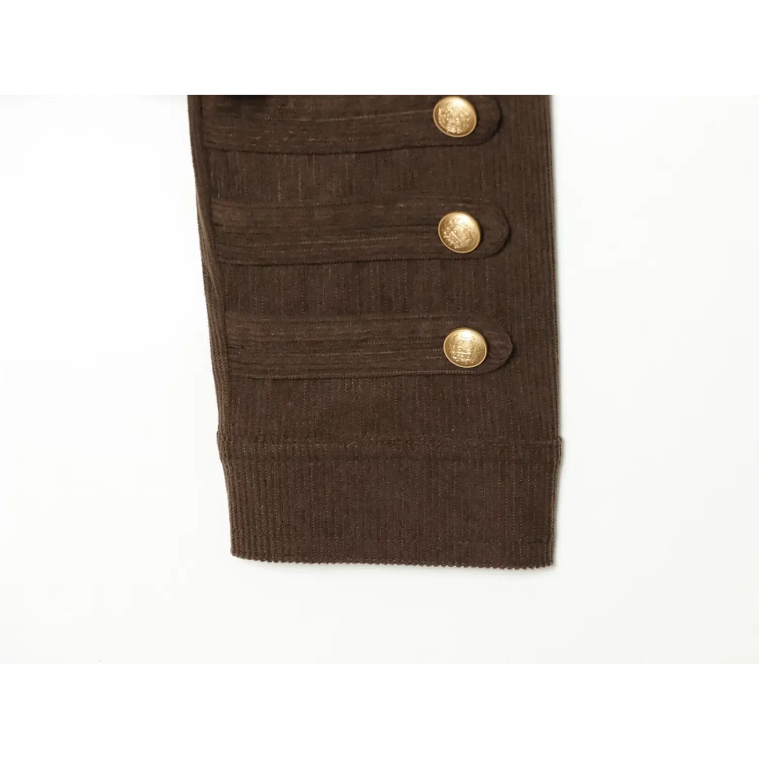 Triple gold buttons cuff detail dark brown corduroy military jacket