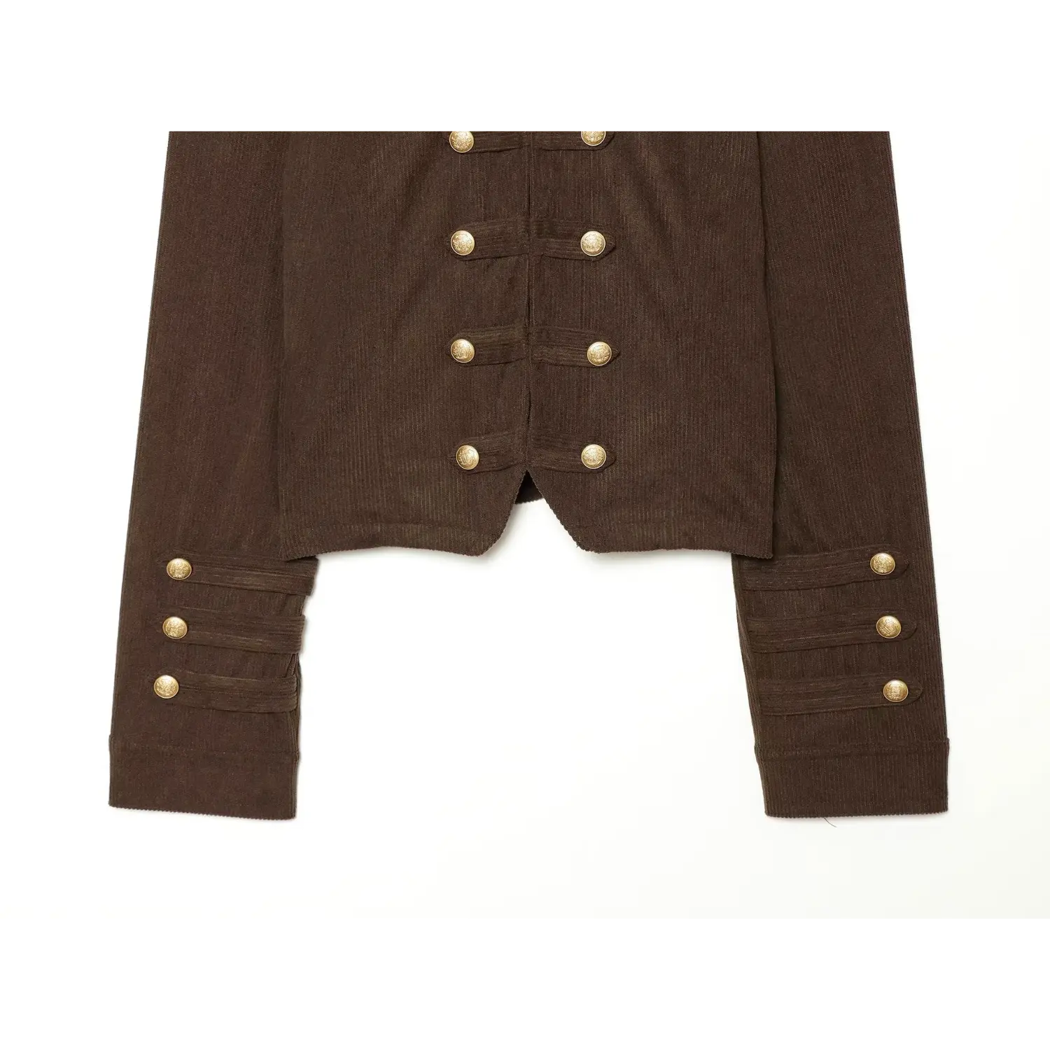 Front hem and sleeve placket detail dark brown cropped corduroy military coat
