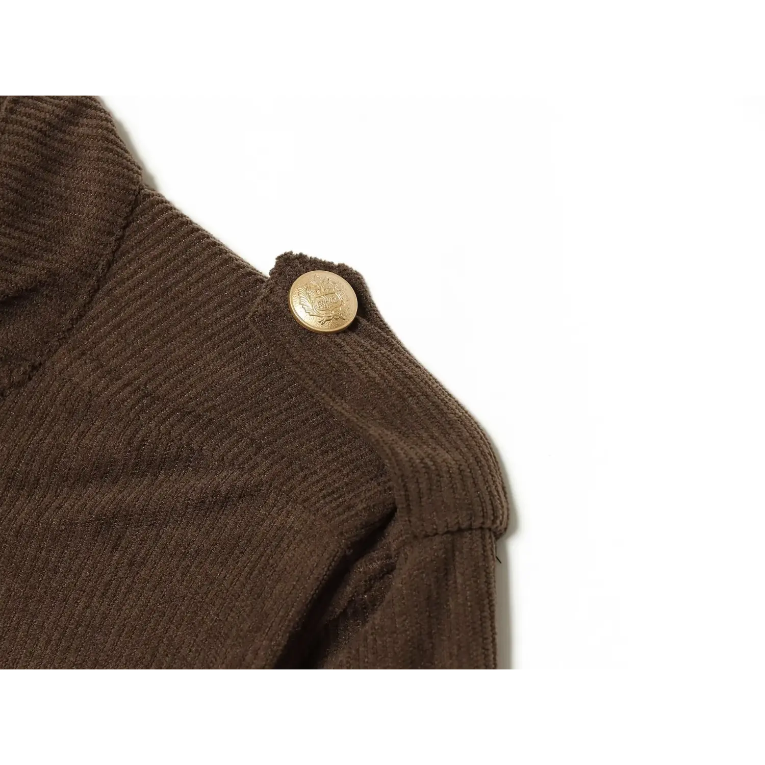 Shoulder epaulet gold button detail dark brown corduroy cropped jacket
